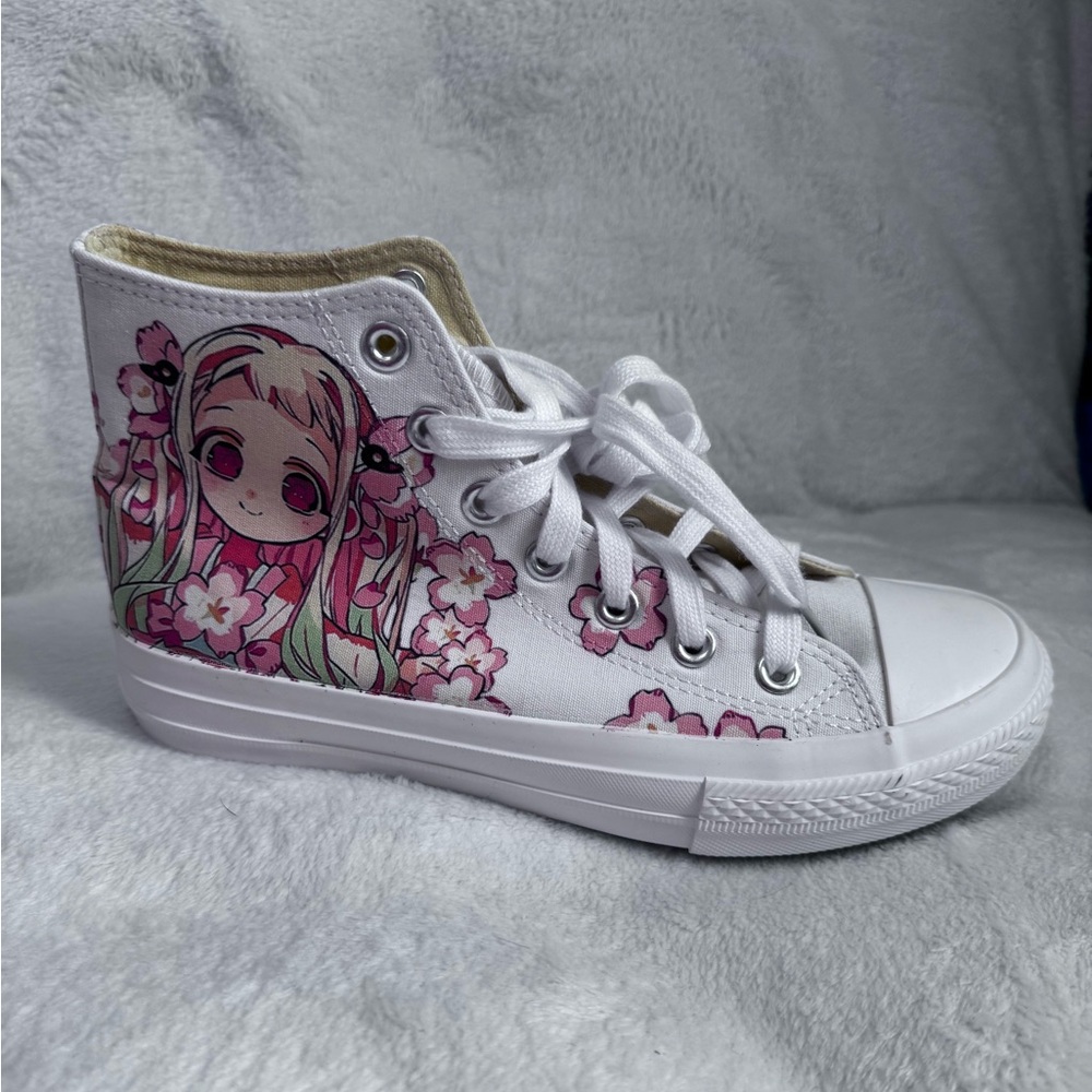 White High-Top Sneakers with Pink Floral Anime Graphic